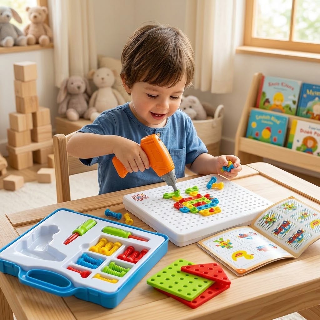 Electric Drill Mosaic Puzzle Set – 165+ Pcs STEM Building Blocks & Pegboard Educational Toy Case for Kids