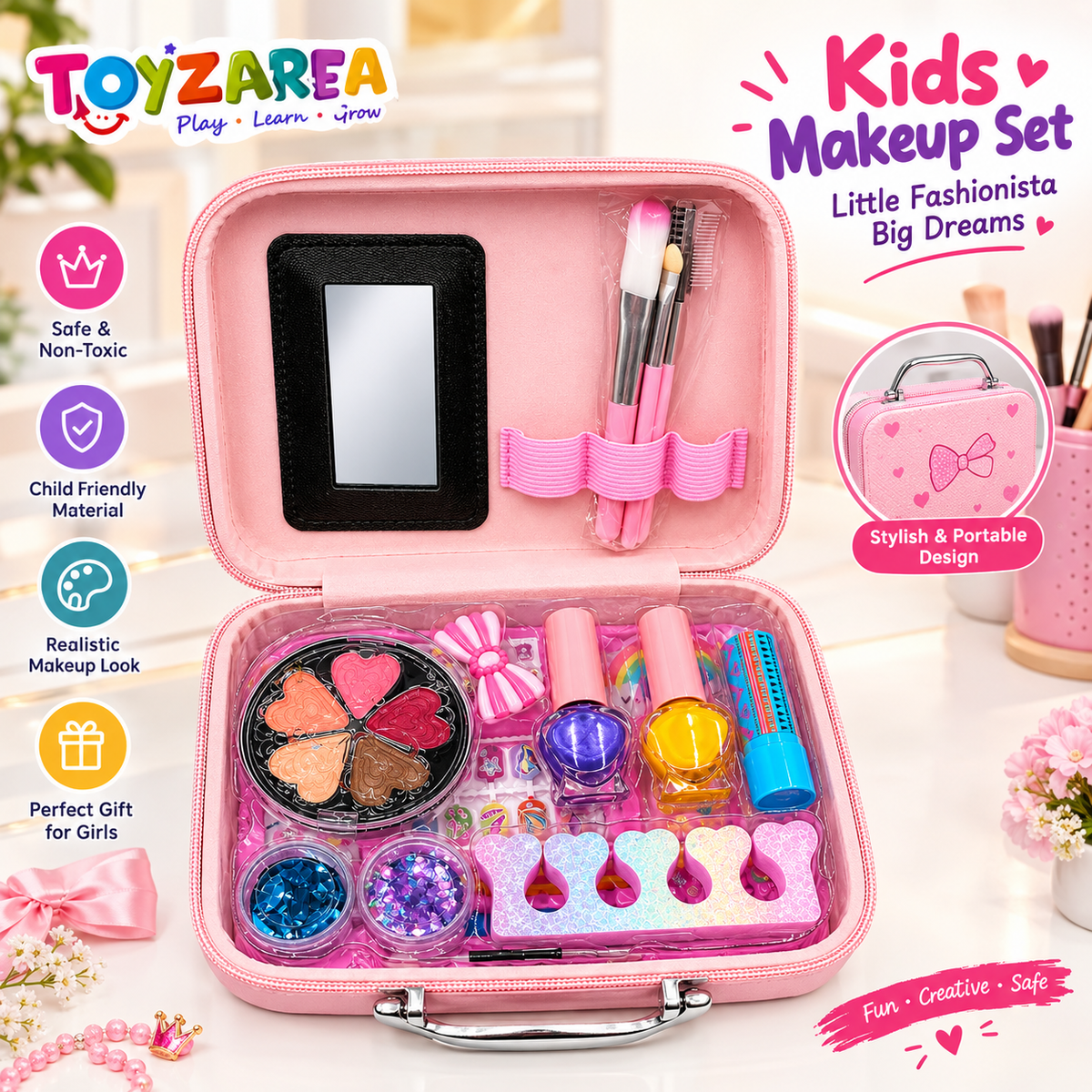 Kids Pink Glitter Makeup & Beauty Case – Portable Hard Case for Girls
