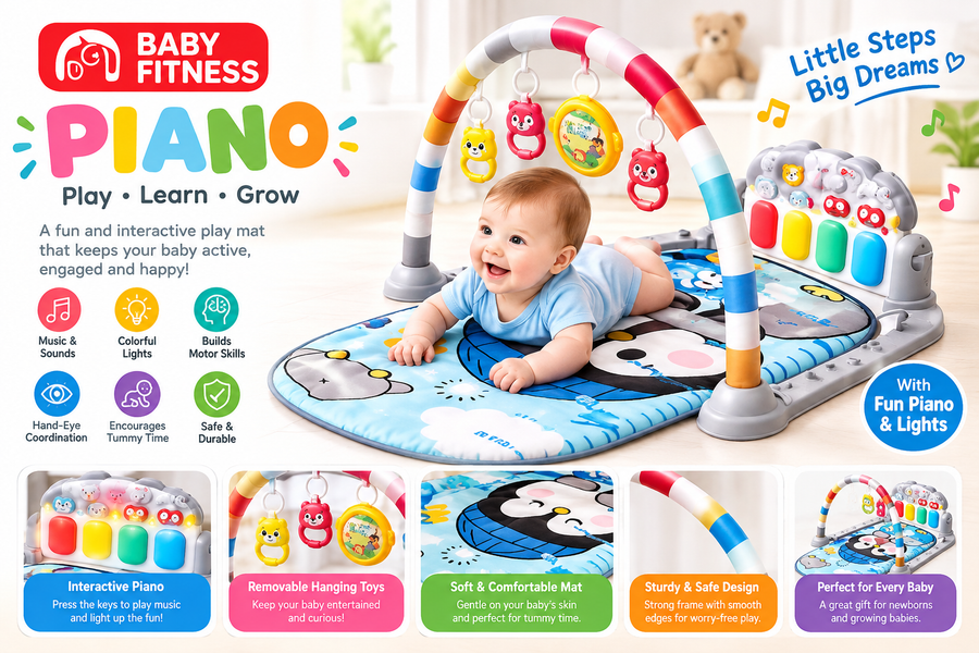 Baby Fitness Piano Play Mat with Lights, Music & Hanging Toys