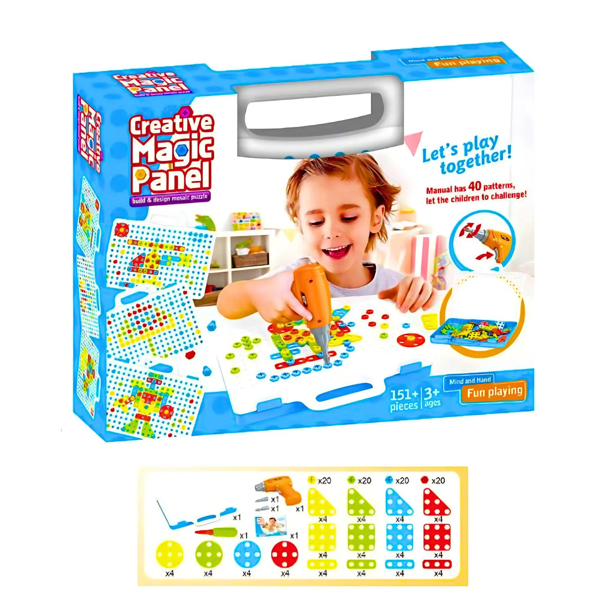 Electric Drill Mosaic Puzzle Set – 165+ Pcs STEM Building Blocks & Pegboard Educational Toy Case for Kids