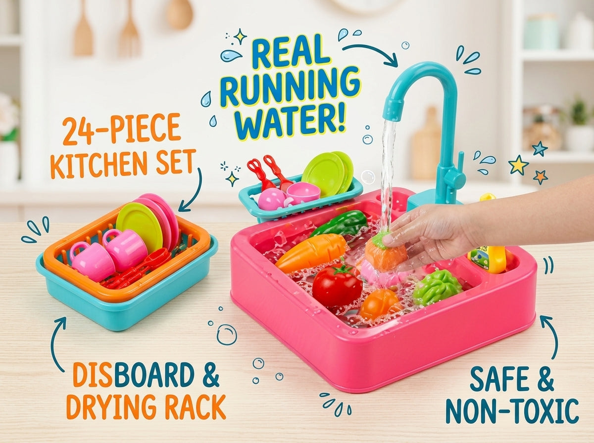 Kids Kitchen Sink Set with Running Water & Drying Rack – Safe Non-Toxic Dishwashing Roleplay Toy for Toddlers