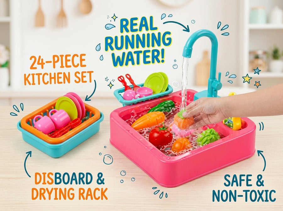 Kids Kitchen Sink Set with Running Water & Drying Rack – Safe Non-Toxic Dishwashing Roleplay Toy for Toddlers