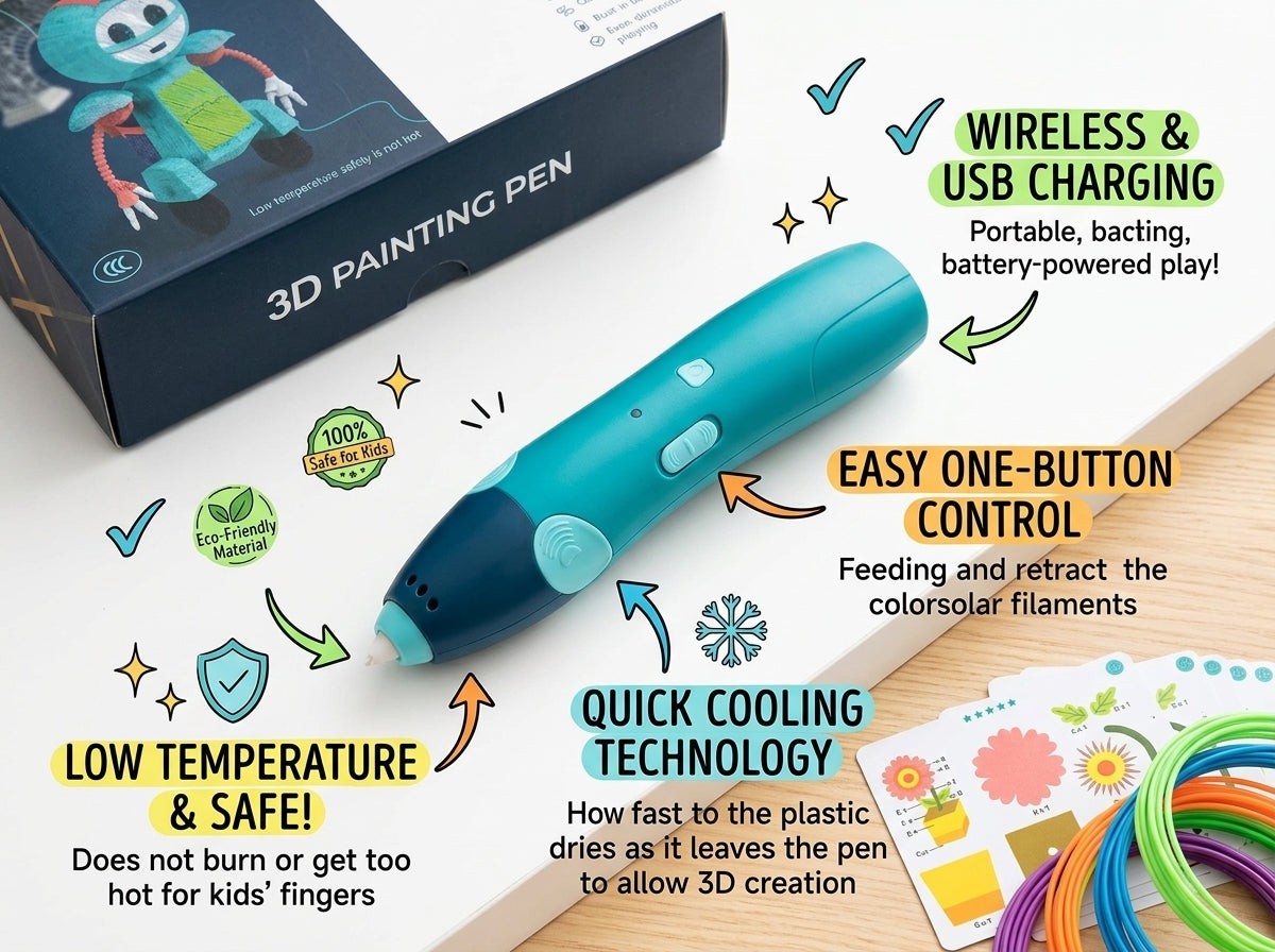 Safe Anti-Scald 3D Printing Pen for Children – USB Rechargeable DIY Art & Craft Toy Set with Stencils