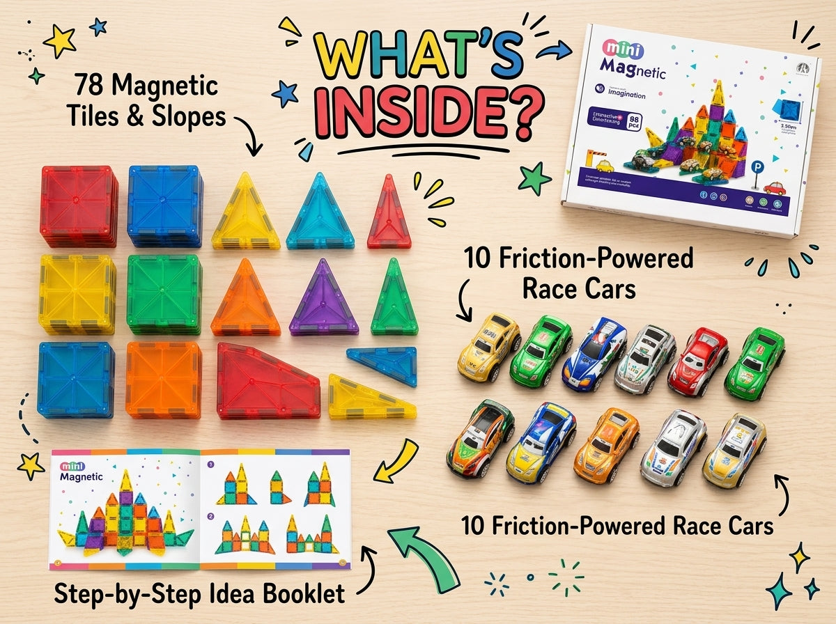 88 Pcs Magnetic Tiles & Race Cars Parking Track Set – DIY 3D STEM Construction Building Toy for Boys & Girls
