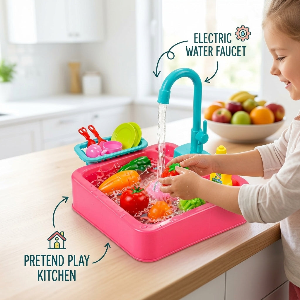 Kids Kitchen Sink Set with Running Water & Drying Rack – Safe Non-Toxic Dishwashing Roleplay Toy for Toddlers