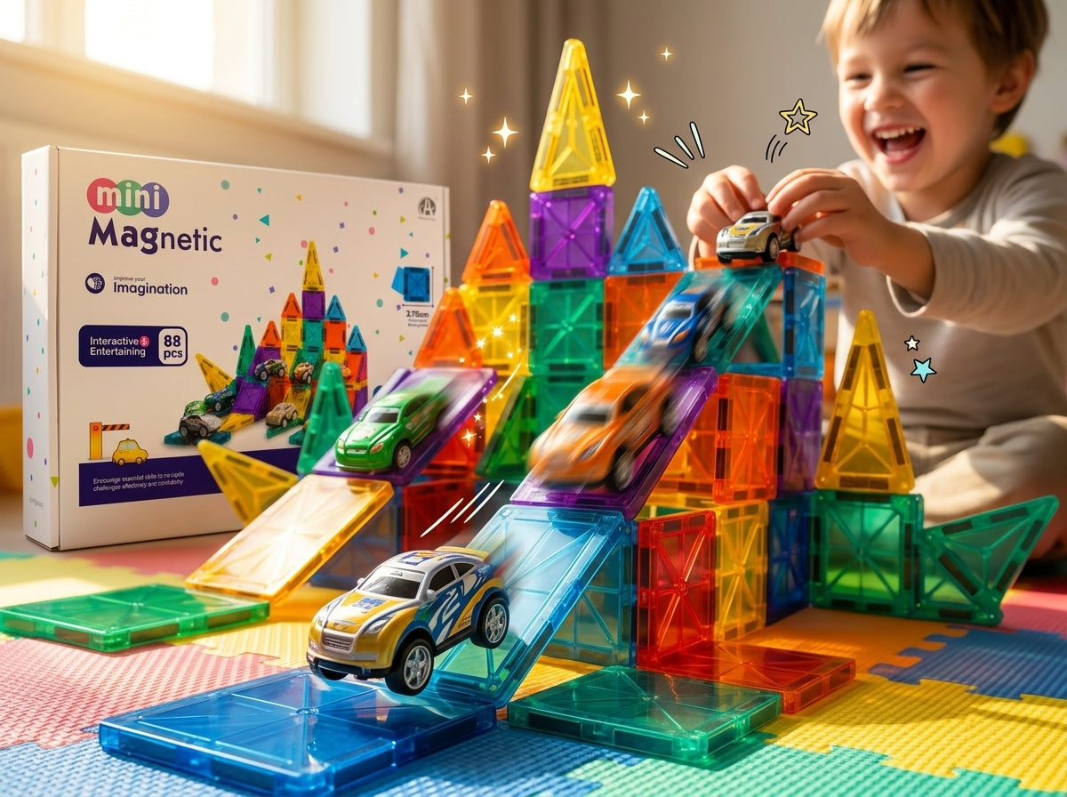 88 Pcs Magnetic Tiles & Race Cars Parking Track Set – DIY 3D STEM Construction Building Toy for Boys & Girls