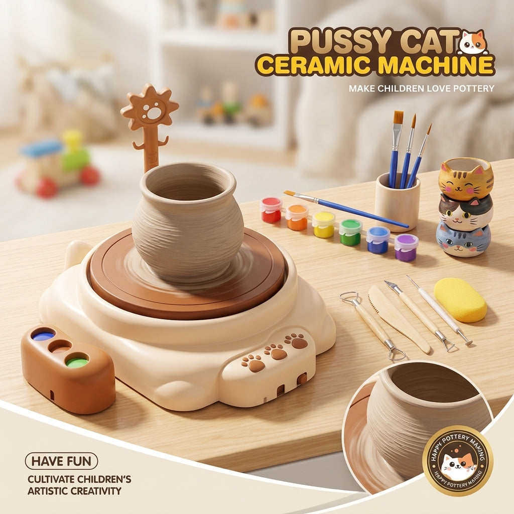 Kids DIY Pottery Wheel Studio Kit - Electric Ceramic Clay Machine with Paint Set for Children