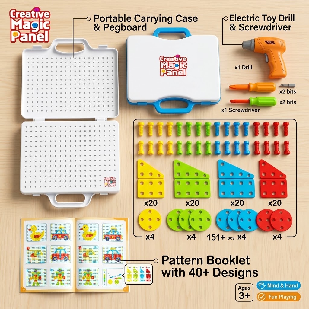 Electric Drill Mosaic Puzzle Set – 165+ Pcs STEM Building Blocks & Pegboard Educational Toy Case for Kids