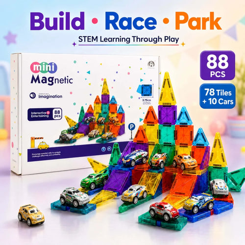 88 Pcs Magnetic Tiles & Race Cars Parking Track Set – DIY 3D STEM Construction Building Toy for Boys & Girls